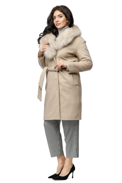 Женское пальто из текстиля с воротником, отделка песец 8001123
