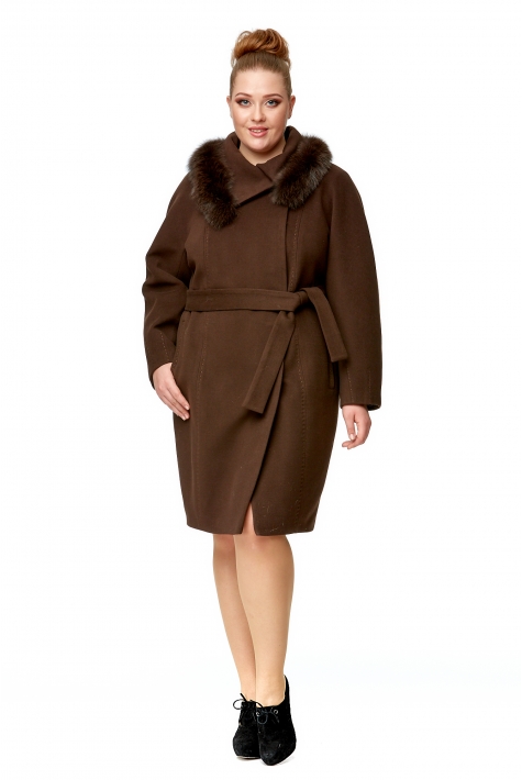Женское пальто из текстиля с воротником, отделка песец 8002013