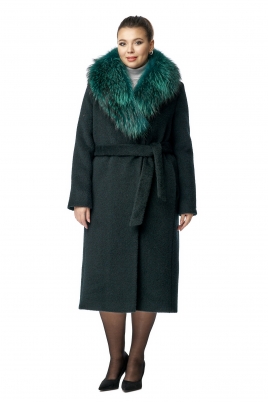 Осеннее женское пальто из текстиля с воротником, отделка енот