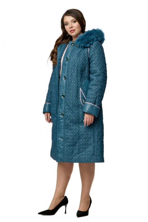 Женское пальто из текстиля с капюшоном, отделка песец 8010185