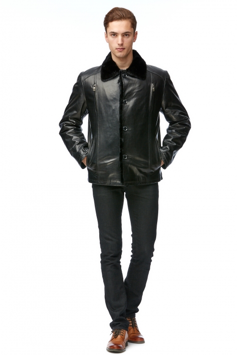 Мужская кожаная куртка из натуральной кожи с воротником, отделка норка 8011749