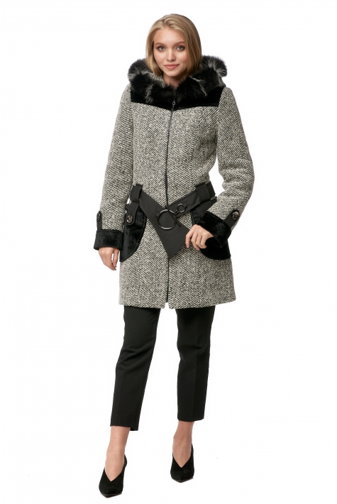 Женское пальто из текстиля с капюшоном, отделка песец 8012233