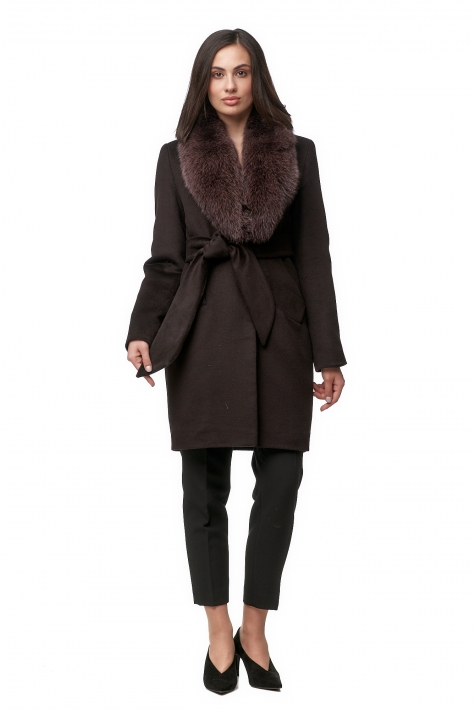 Женское пальто из текстиля с воротником, отделка песец 8012536