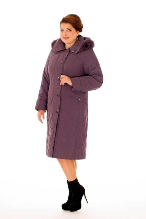 Женское пальто из текстиля с капюшоном, отделка песец 8012634