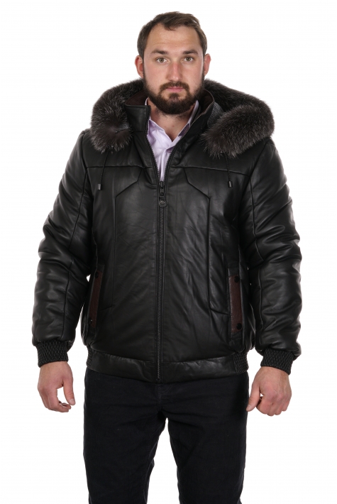 Мужская кожаная куртка из натуральной кожи с капюшоном, отделка блюфрост 8022334