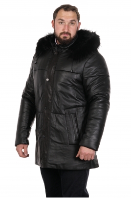 Зимняя мужская кожаная куртка из натуральной кожи на меху с капюшоном, отделка енот