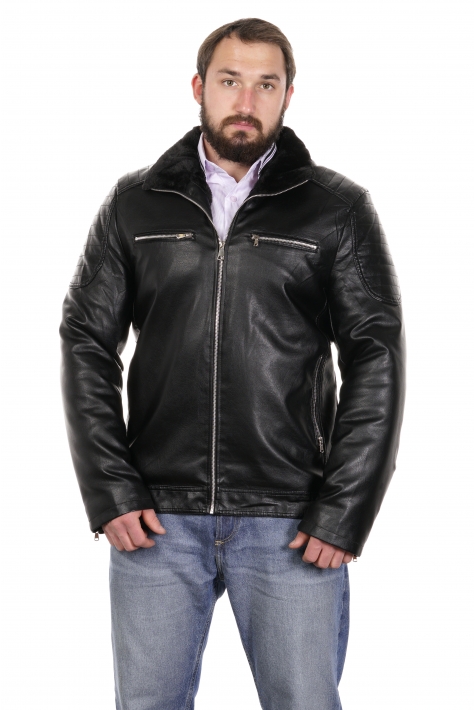Мужская кожаная куртка из эко-кожи с воротником, отделка искусственный мех 8022583