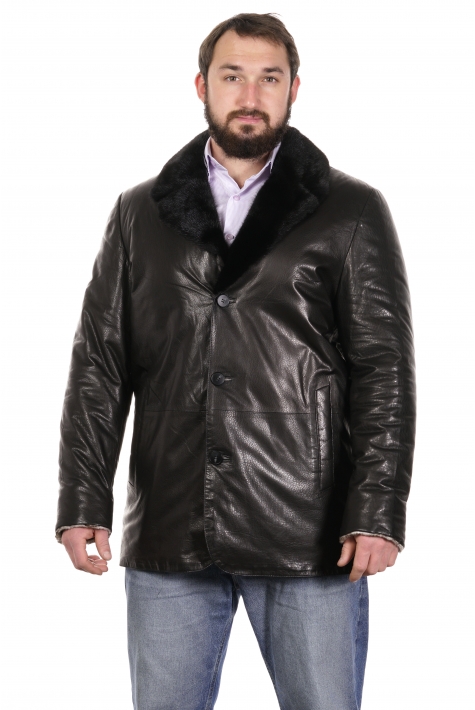 Мужская кожаная куртка из натуральной кожи на меху с воротником, отделка норка 8022758