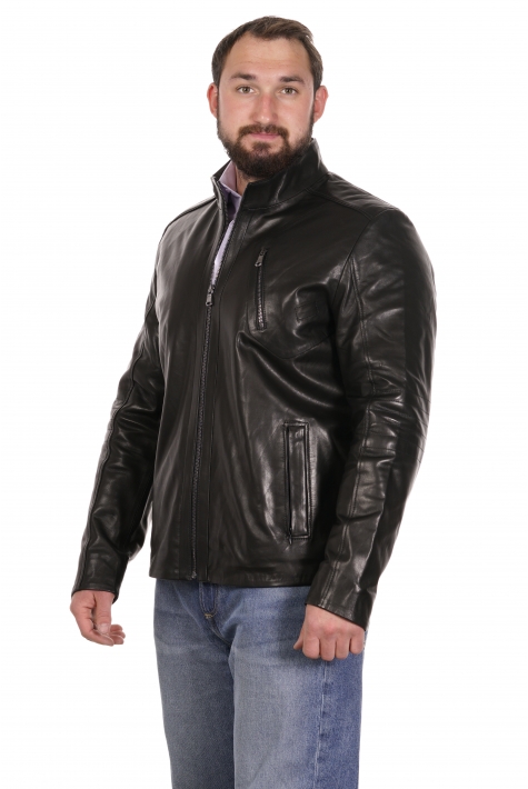 Мужская кожаная куртка из натуральной кожи с воротником 8022839