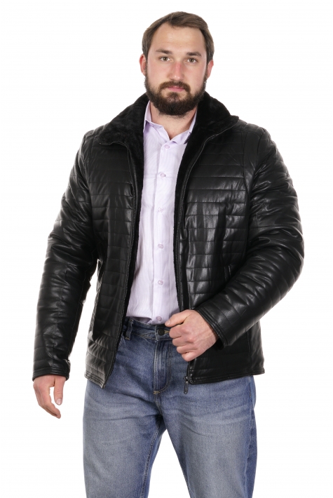 Мужская кожаная куртка из эко-кожи с воротником, отделка искусственный мех 8023303
