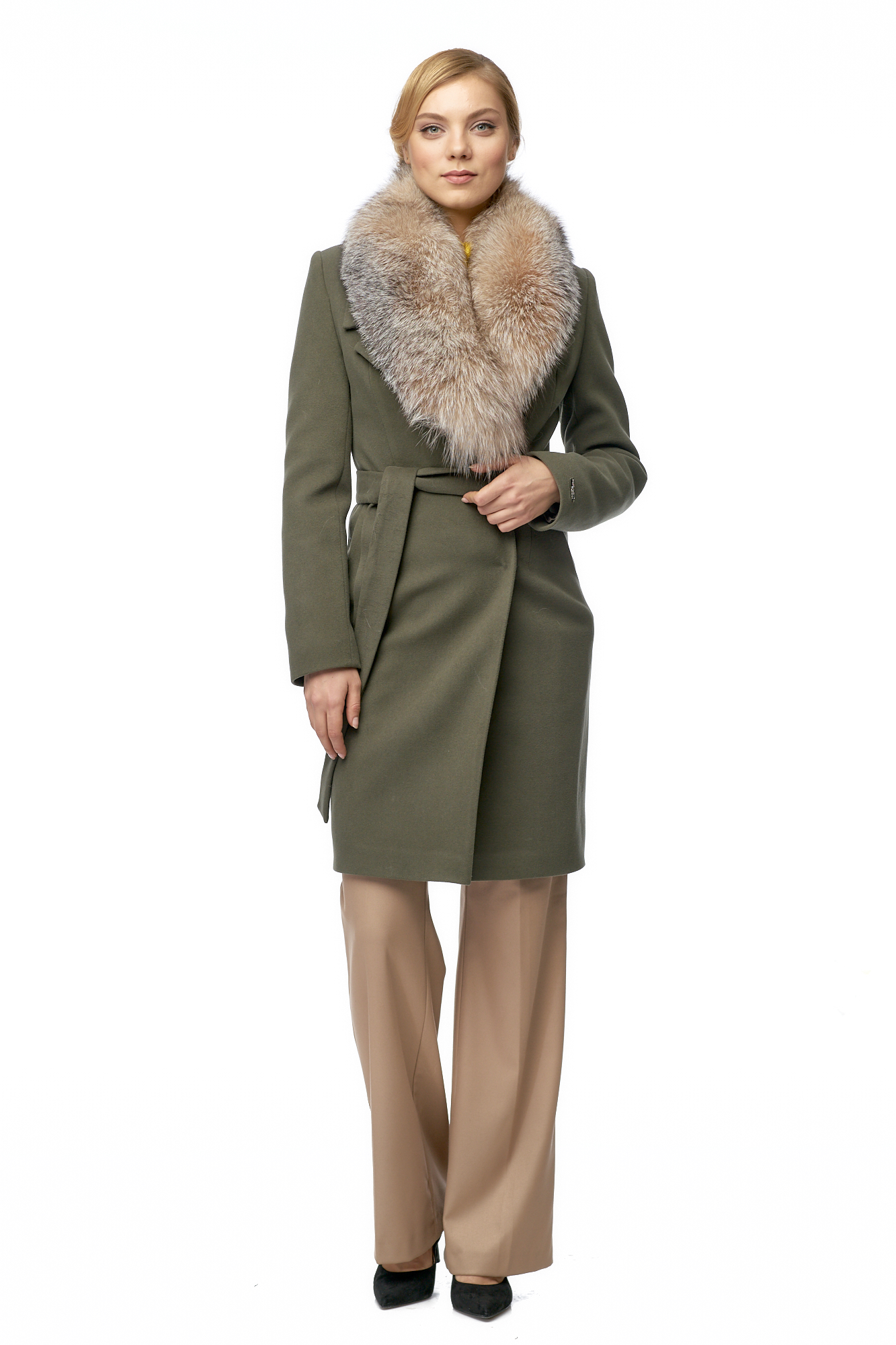 Женское пальто из текстиля с воротником, отделка песец 8001122-4