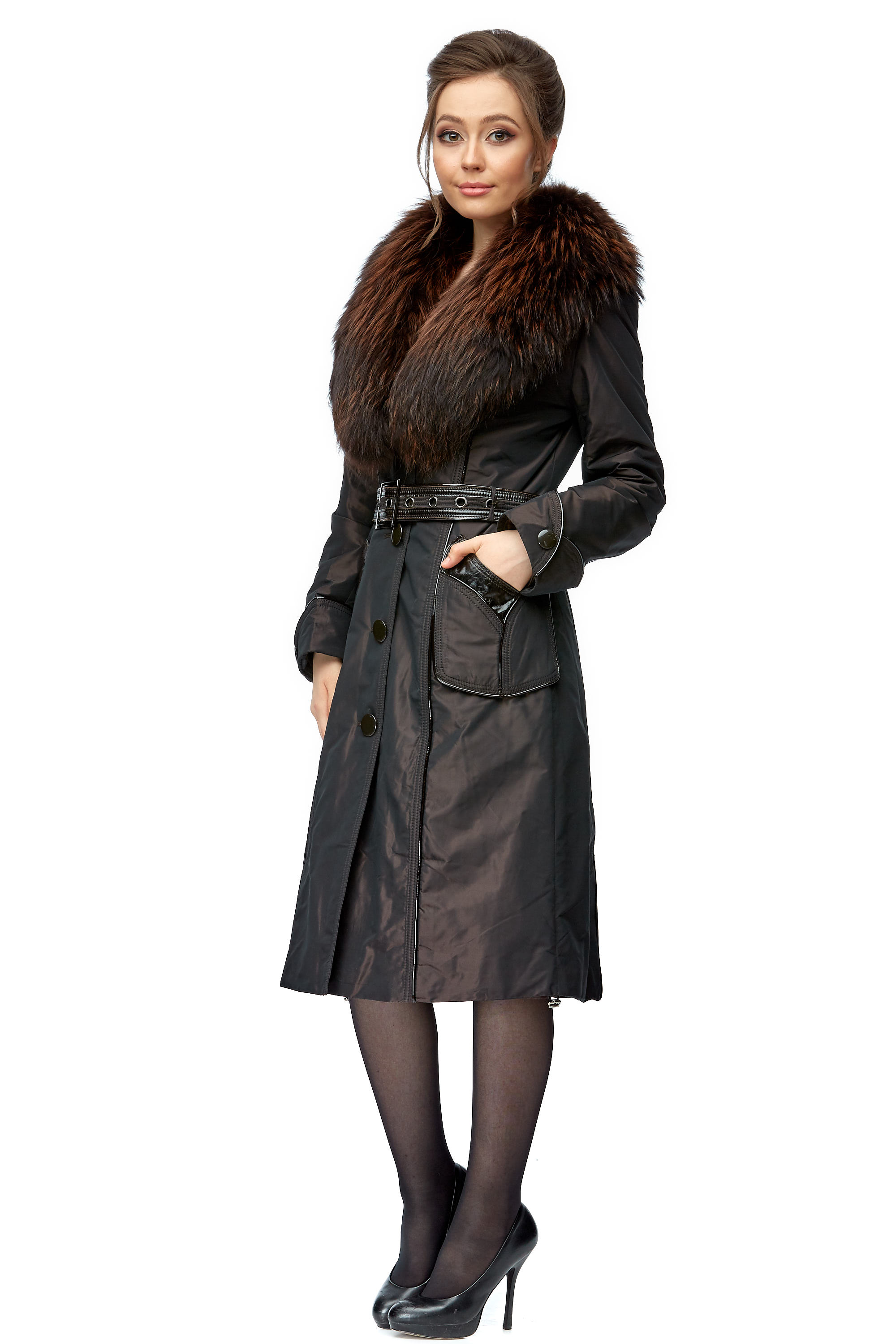 Женское пальто из текстиля с воротником, отделка енот 8003031-3