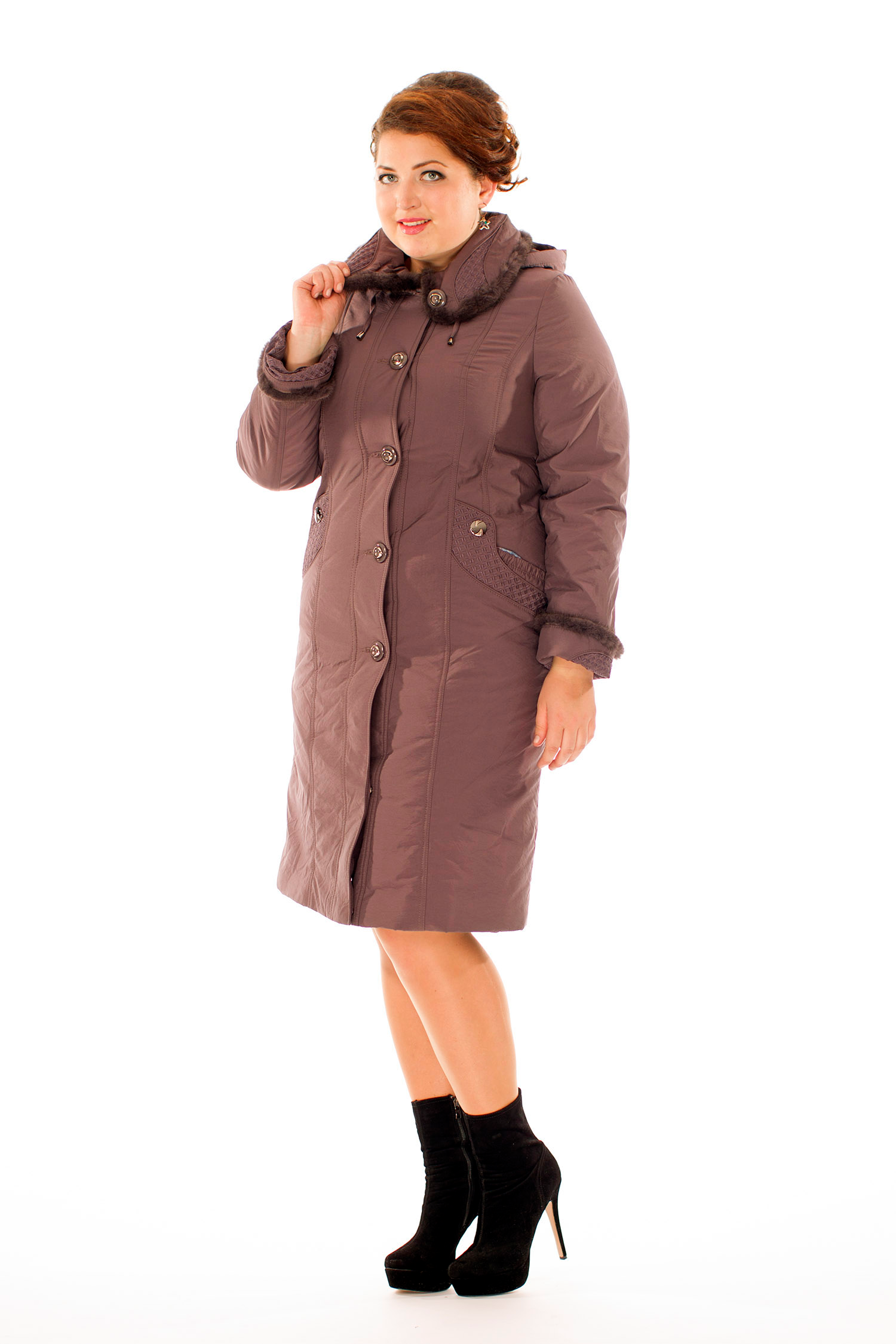 Женское пальто из текстиля с капюшоном, отделка норка 8009989-2