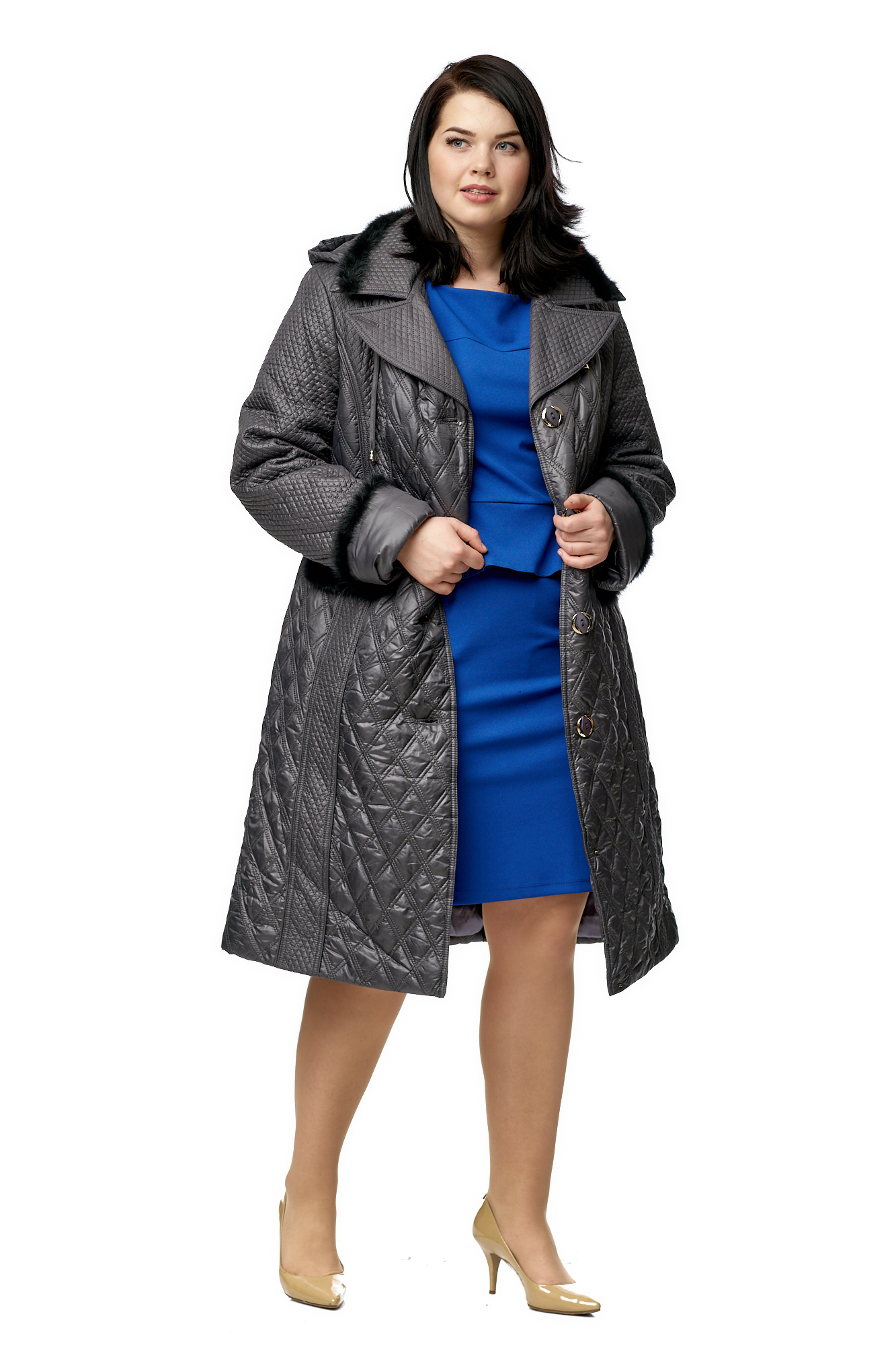 Женское пальто из текстиля с капюшоном, отделка норка 8010036-2