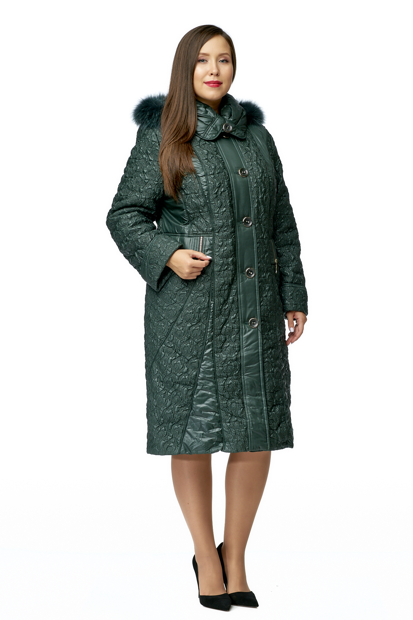 Женское пальто из текстиля с капюшоном, отделка песец 8010072-2