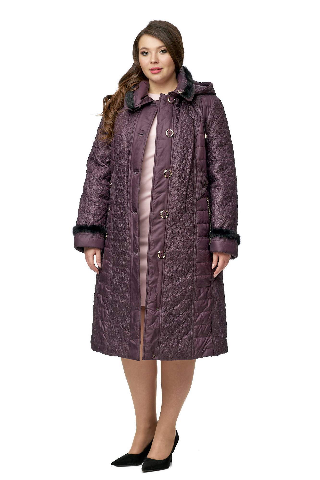 Женское пальто из текстиля с капюшоном, отделка норка 8010074-2