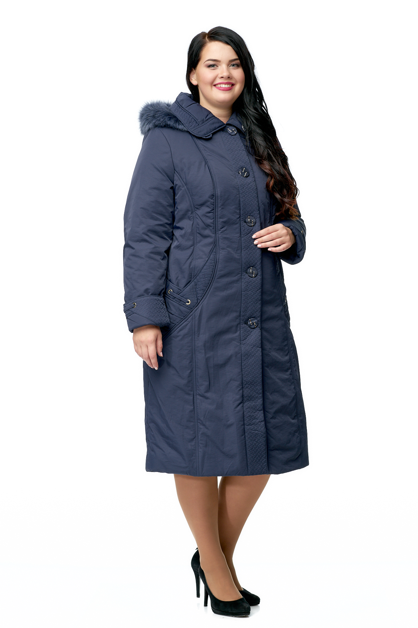 Женское пальто из текстиля с капюшоном, отделка песец 8010079-2