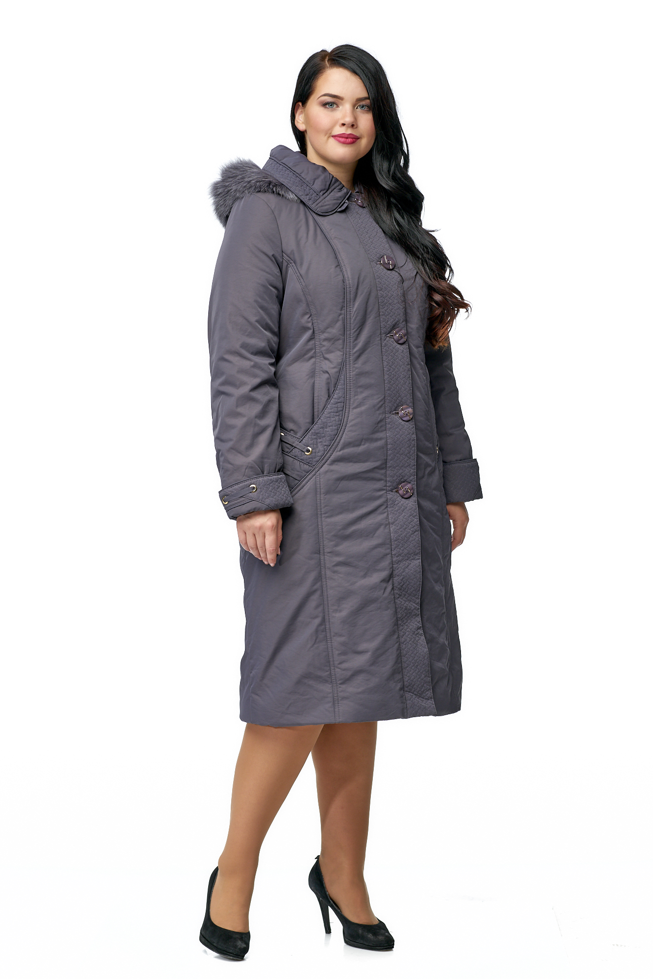 Женское пальто из текстиля с капюшоном, отделка песец 8010083-2
