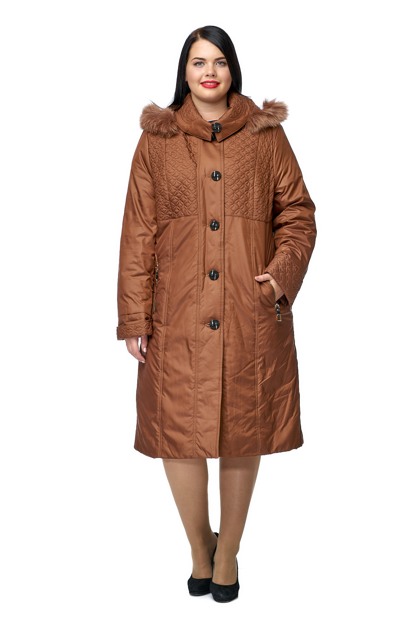 Женское пальто из текстиля с капюшоном, отделка песец 8010098-2