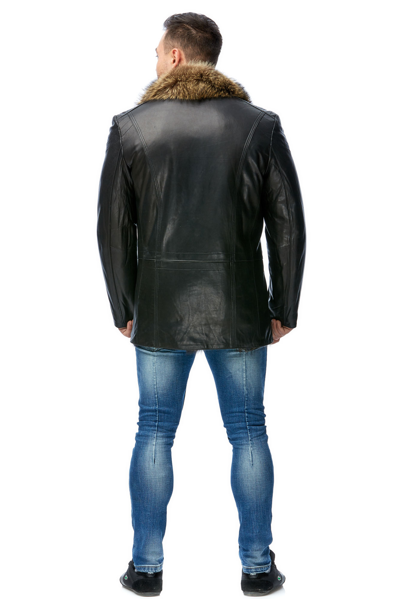 Мужская кожаная куртка из натуральной кожи на меху с воротником, отделка енот 8010819-3