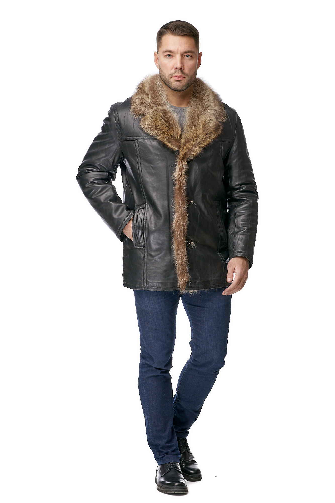 Мужская кожаная куртка из натуральной кожи на меху с воротником, отделка енот 8010820-2