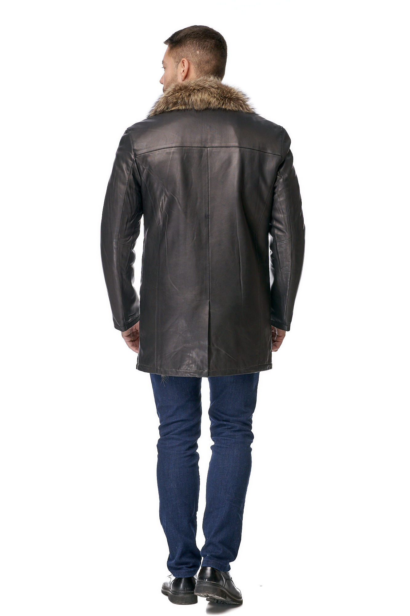 Мужская кожаная куртка из натуральной кожи на меху с воротником, отделка енот 8011061-2